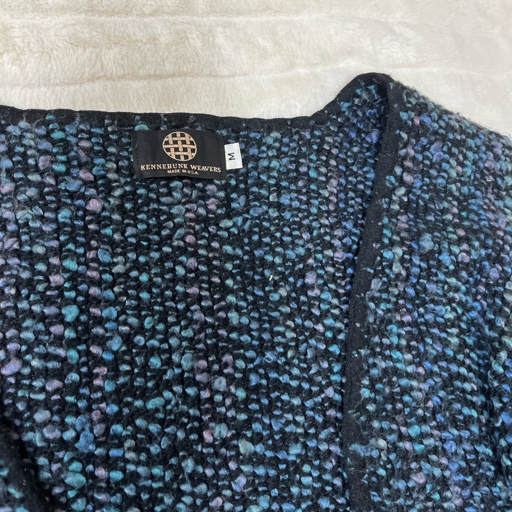 VTG Kennebunk Weavers Womens M Blue Purple Chunky Knit Woven Open Cardigan Fall